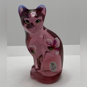 Fenton Rose Pink Opalescent Stylized Cat Kitty Figurine 5.25" Signed S. Waters